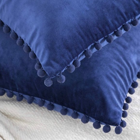 (Only Covers) Set of 2 Poms Poms Velvet Decorative Pillow Covers, Navy - Picture 2 of 2
